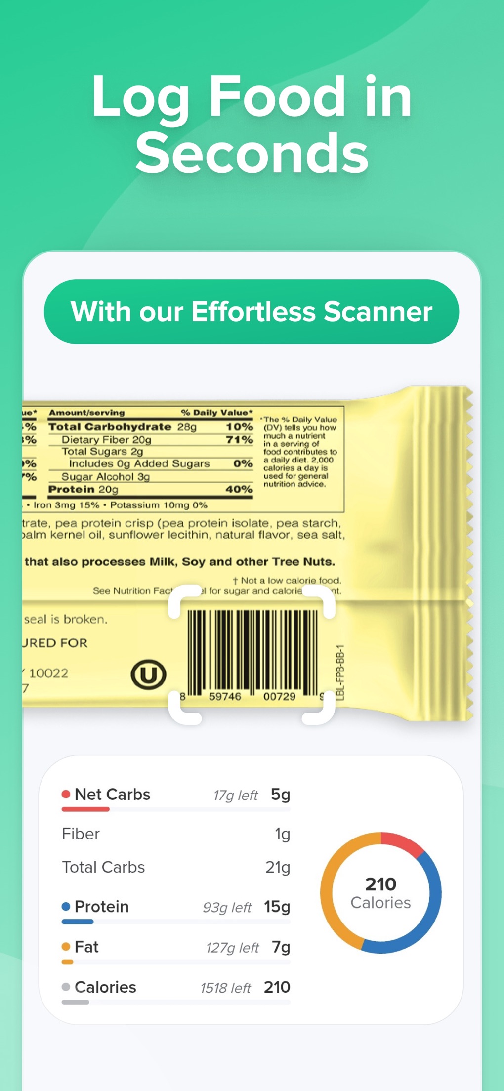 Barcode scanner over a nutrition label, with a panel showing net carbs, fiber, total carbs, protein, fat and calories against daily targets