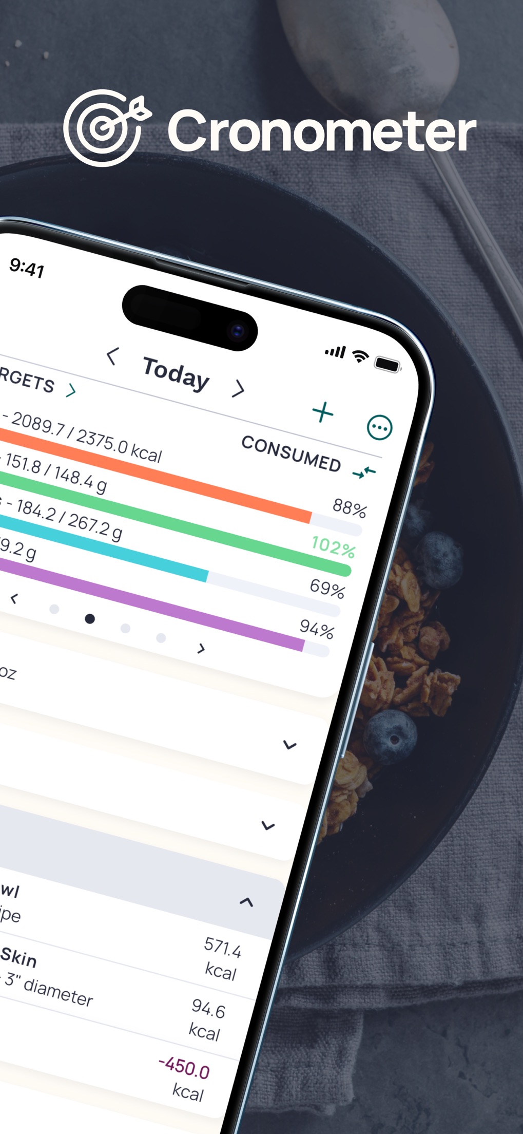 Today diary screen with progress bars for calories, protein, net carbs and fat against targets, above logged food entries