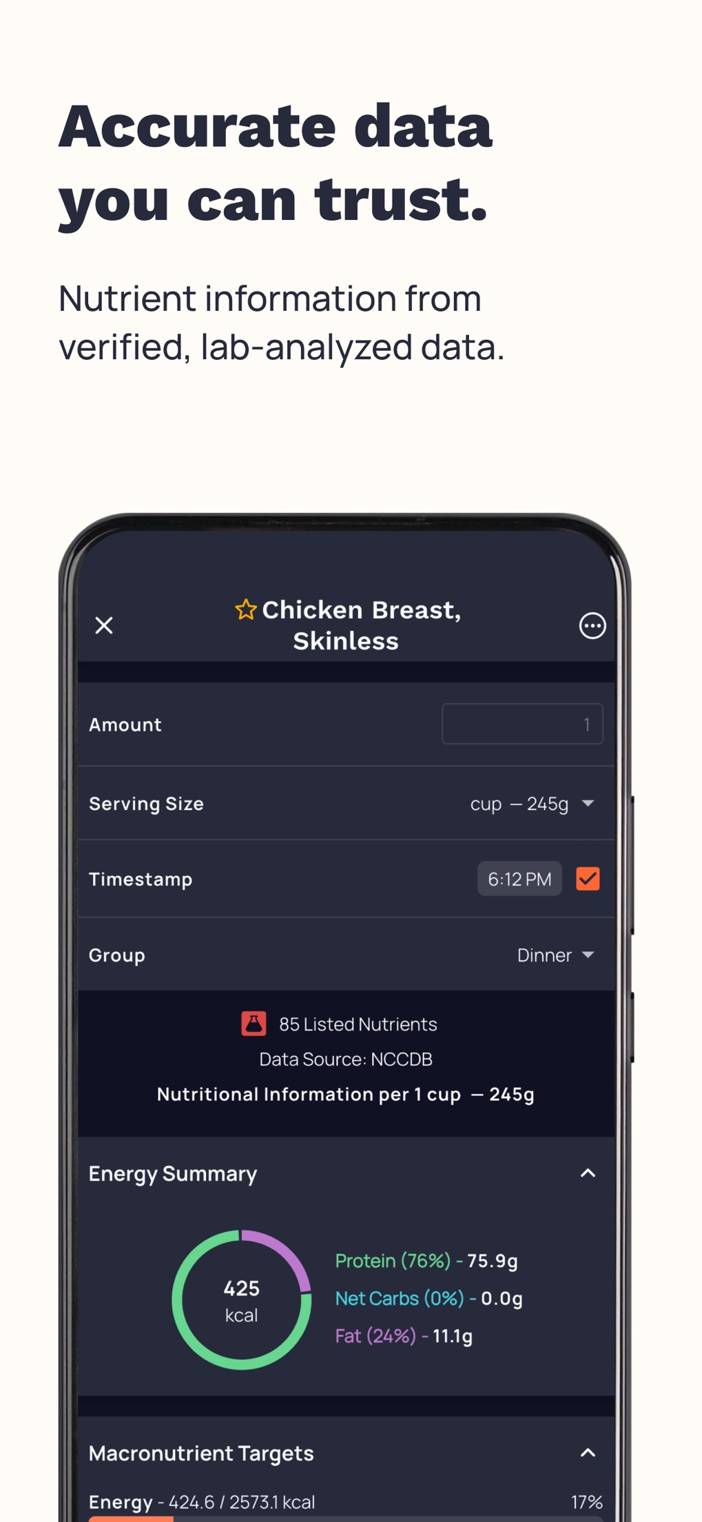 Food entry screen for skinless chicken breast showing 85 listed nutrients, the NCCDB data source and an energy summary