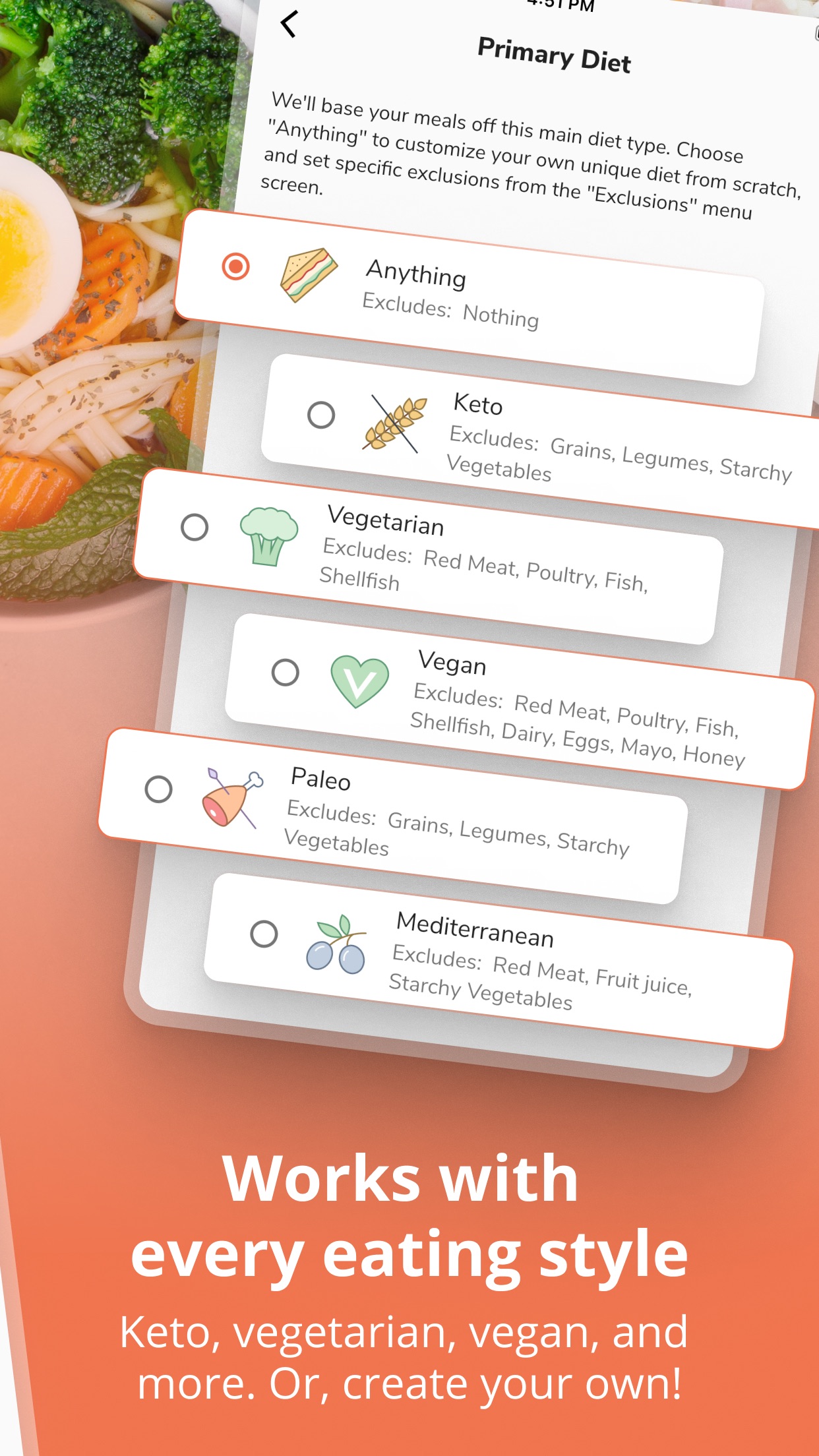 Primary diet selection screen listing Anything, Keto, Vegetarian, Vegan, Paleo and Mediterranean
