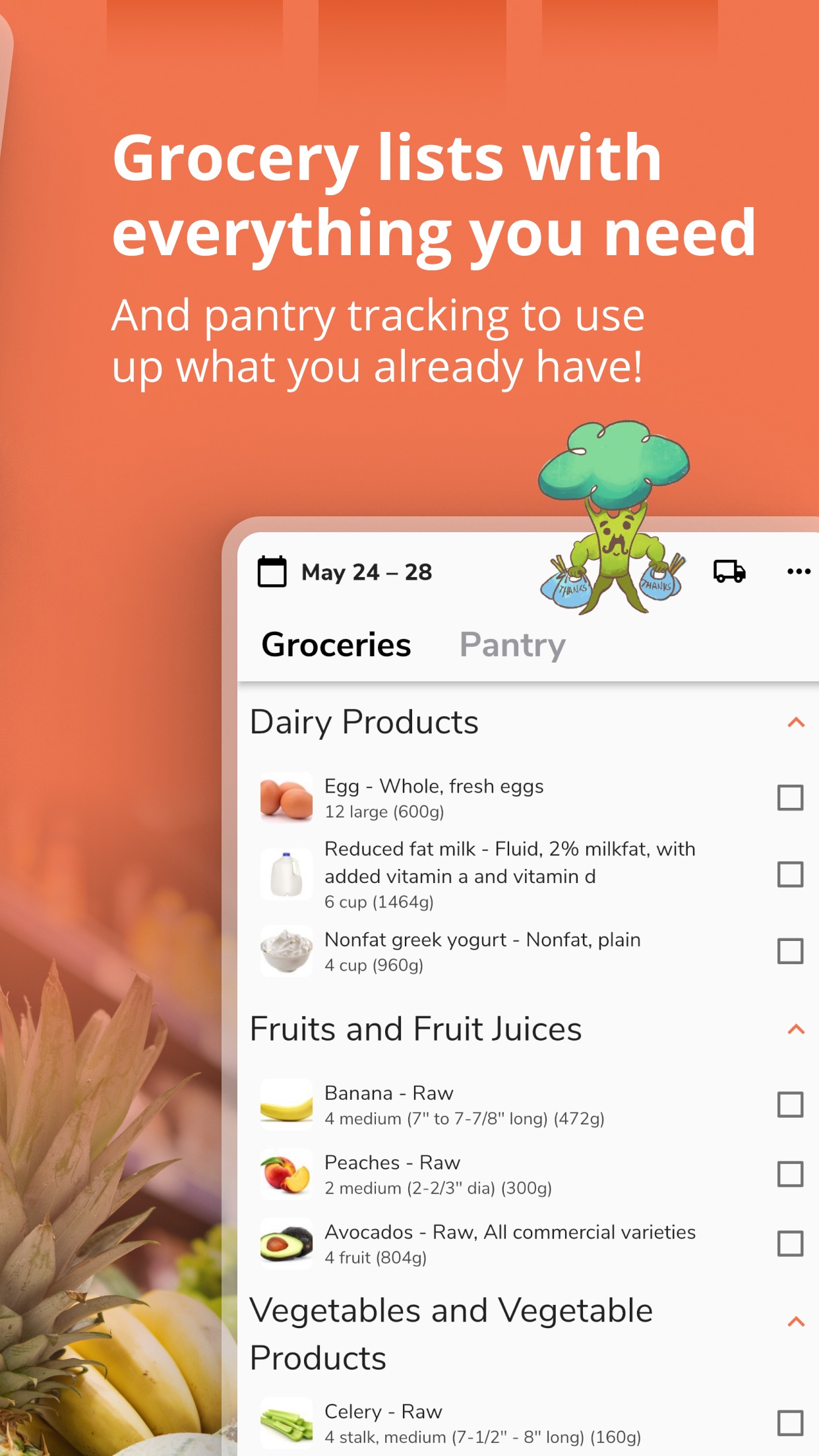 Grocery list screen grouped by food category, with a Pantry tab