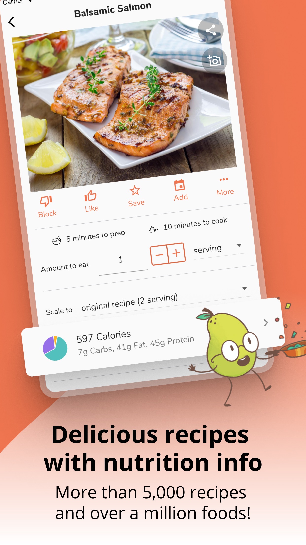 Recipe screen showing prep time, servings and calorie and macro totals
